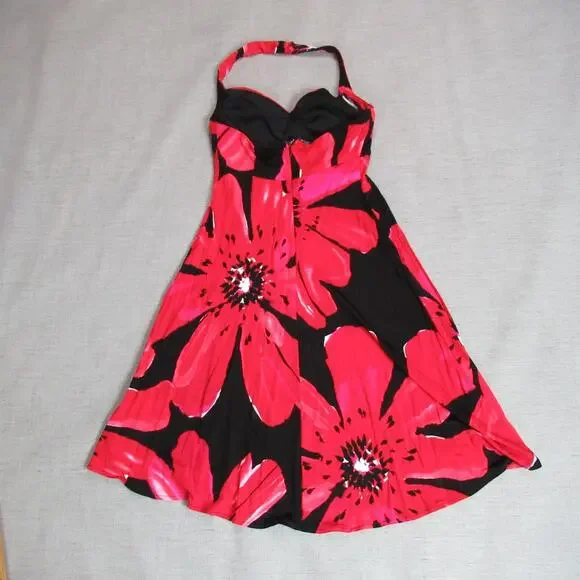 Maggy London Dress Womens Size 4 Black Red Floral Halter Sexy Flirty Tropical - Picture 6 of 10